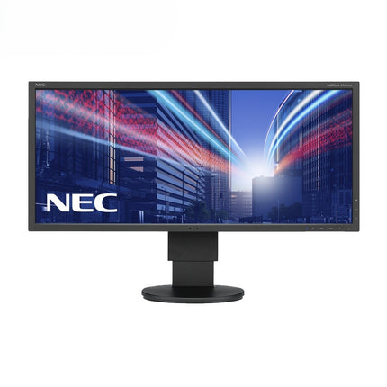 NEC monitor with a cityscape on the screen against a white background