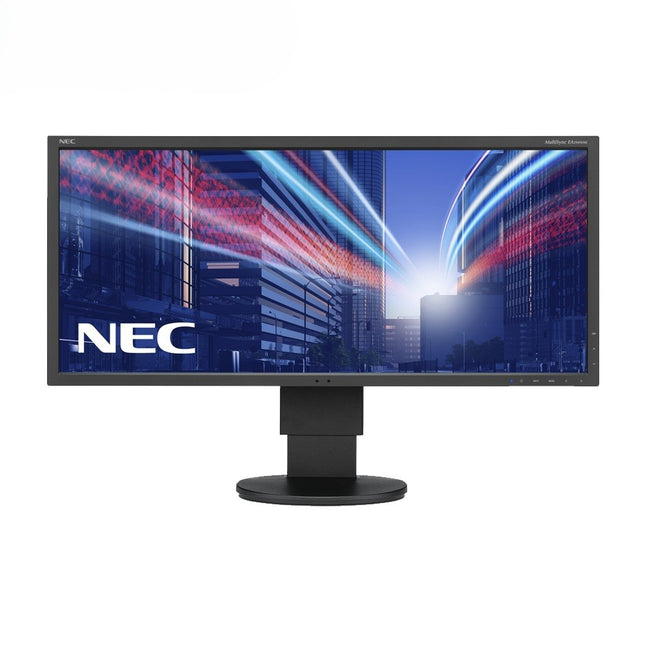 NEC monitor with a cityscape on the screen against a white background