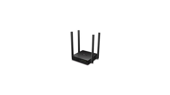 Black router with four antennas on a white background