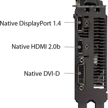 Back view of a black graphics card showing connection ports labeled Native DisplayPort 1.4, Native HDMI 2.