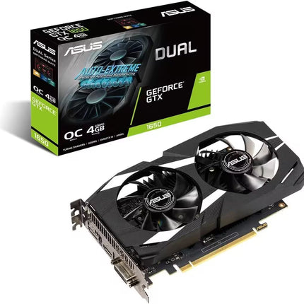 ASUS GeForce GTX 1650 Dual graphics card shown with its retail packaging box on a clean white background.
