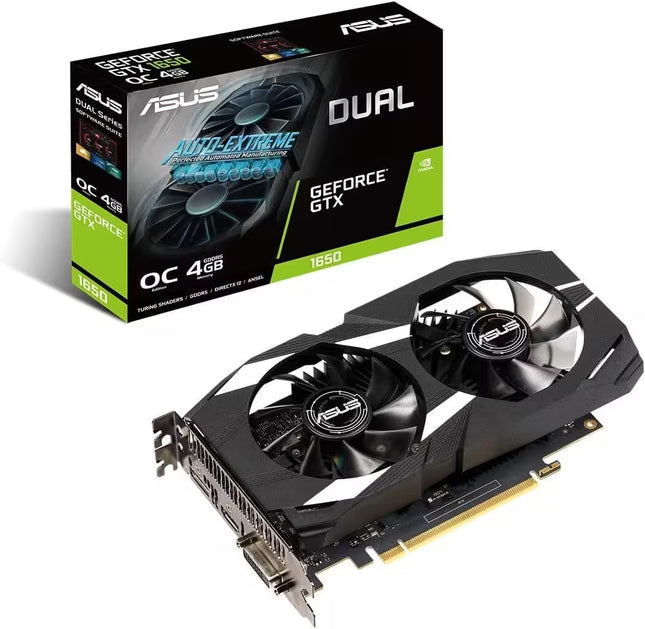 ASUS GeForce GTX 1650 Dual graphics card shown with its retail packaging box on a clean white background.