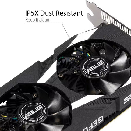 ASUS GeForce RTX 3070 graphics card with a dual-fan design, featuring a black and white shroud and a text overlay that reads 'IP5X Dust Resistant Keep it clean'.