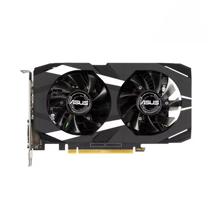 ASUS dual-fan graphics card with a black and white angular shroud, featuring two large fans with ASUS logos in the center, shown on a plain white background.