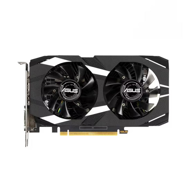 ASUS dual-fan graphics card with a black and white angular shroud, featuring two large fans with ASUS logos in the center, shown on a plain white background.