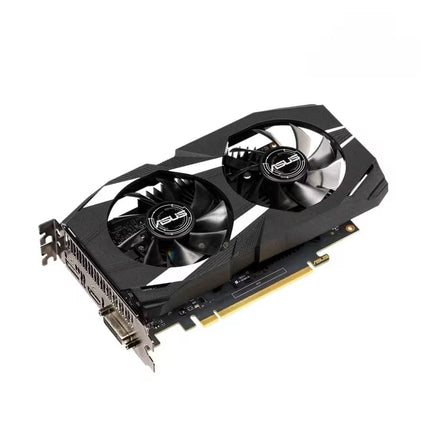 ASUS dual-fan graphics card with a black and white angular shroud, shown at an angle on a plain white background.