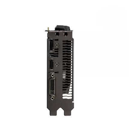 A rear view of a dark gray graphics card showing its output ports, including HDMI and DVI, with a ribbed metal heatsink on a plain white background.