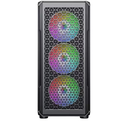 A black mid-tower gaming PC case with a honeycomb-patterned front grille and three vertically aligned RGB fans showing a rainbow color spectrum, isolated on a white background.