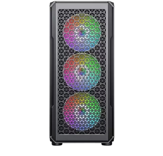 A black mid-tower gaming PC case with a honeycomb-patterned front grille and three vertically aligned RGB fans showing a rainbow color spectrum, isolated on a white background.