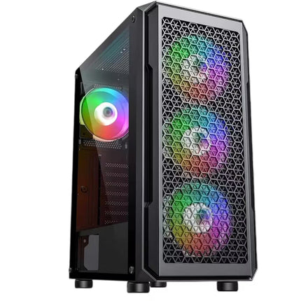 A black gaming computer tower with a side glass panel and three front RGB fans illuminated in a rainbow color, shown on a plain white background.