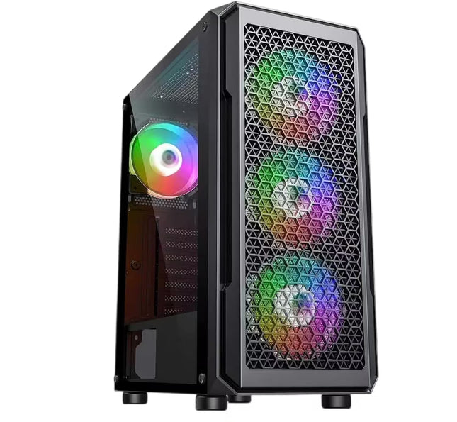 A black gaming computer tower with a side glass panel and three front RGB fans illuminated in a rainbow color, shown on a plain white background.