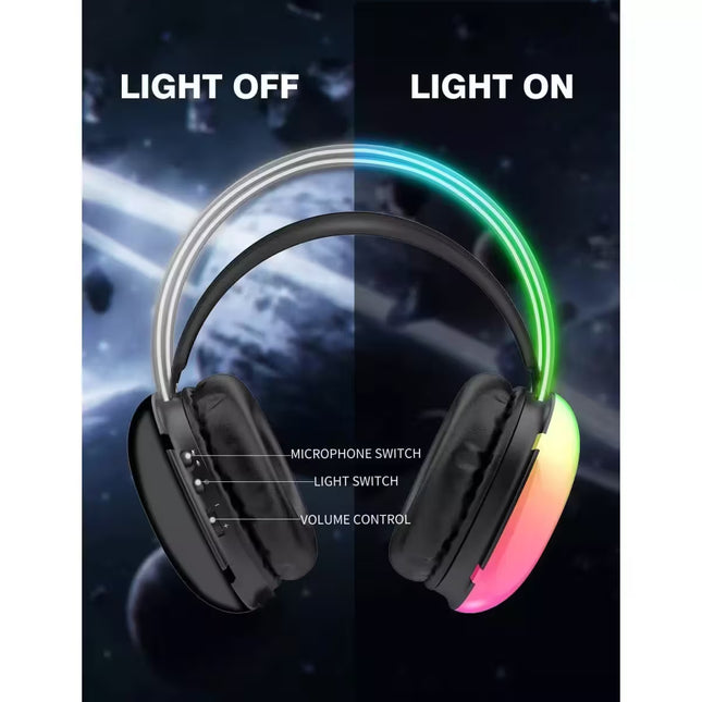 Headphones with RGB lighting effects on a space-themed background
