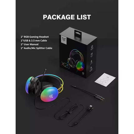 Package list of RGB gaming headset with accessories on a black background
