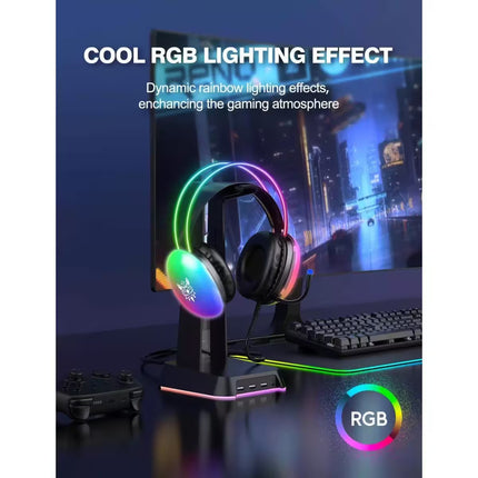 Gaming setup with RGB lighting effects on a monitor, keyboard, and headset.