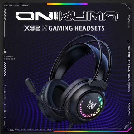 Gaming headset with RGB lighting on a dark background with Onikuma branding.