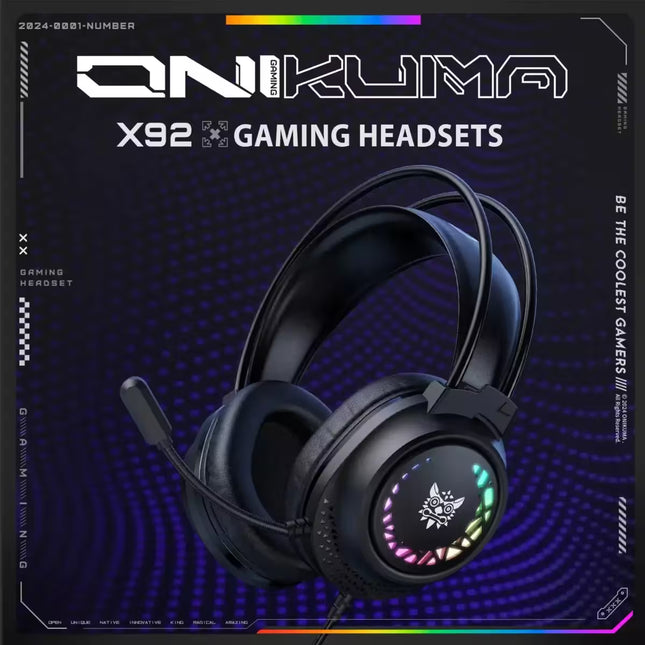 Gaming headset with RGB lighting on a dark background with Onikuma branding.