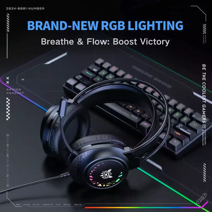 Gaming headset with RGB lighting on a dark background with text about brand-new RGB lighting.