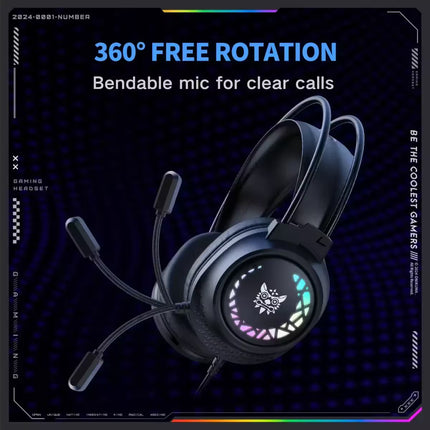 Gaming headset with bendable mic on a dark background with text about 360-degree rotation and clear calls.