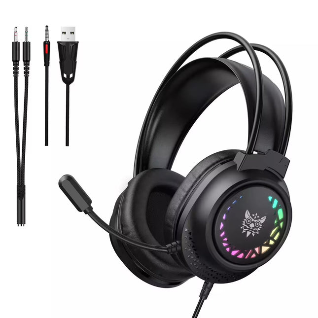 Black gaming headset with RGB lighting and accessories on a white background