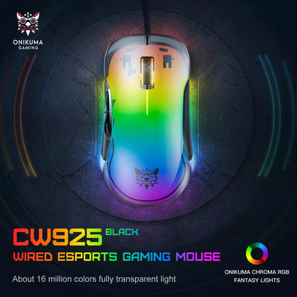 Gaming mouse with RGB lighting on a dark background, featuring Onikuma branding.