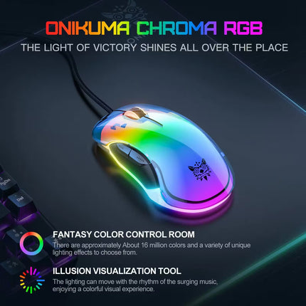 Colorful RGB gaming mouse on a dark surface with promotional text.