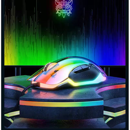 Colorful gaming mouse on a dark surface with a vibrant background