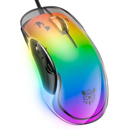 Multicolored gaming mouse with a gradient effect on a white background