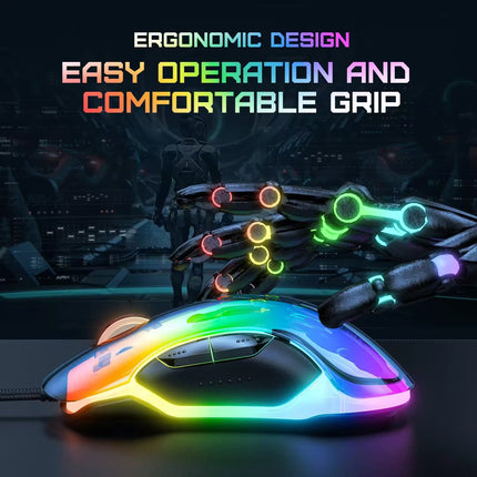 Colorful gaming mouse with ergonomic design and text on a dark background