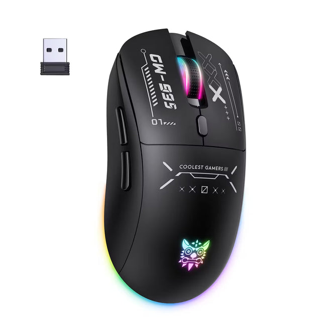 Gaming mouse with RGB lighting and USB receiver on a white background