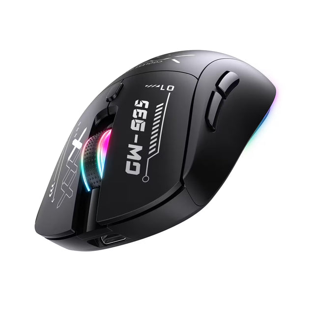 Black gaming mouse with RGB lighting on a white background
