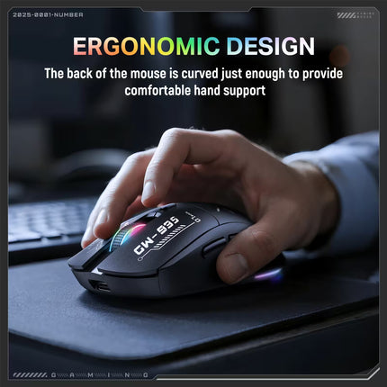 Hand using a gaming mouse with ergonomic design text overlay