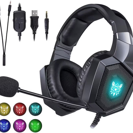 Black over-ear gaming headset with an attached boom microphone, shown on a white background with included audio adapter cables and six color options for the side LED light.