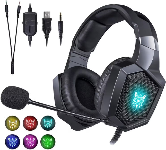 Black over-ear gaming headset with an attached boom microphone, shown on a white background with included audio adapter cables and six color options for the side LED light.