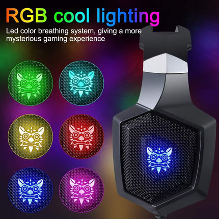 A black gaming headset with a glowing blue decorative light on the ear cup, shown alongside text and six circular examples of RGB lighting color options on a dark multicolor background.