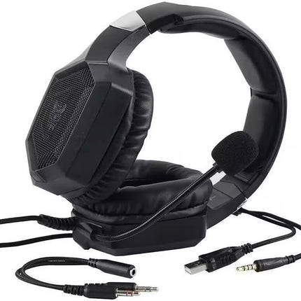 Black over-ear gaming headset with a built-in microphone, padded headband, and attached audio cables on a plain white background.