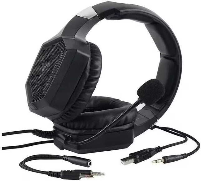 Black over-ear gaming headset with a built-in microphone, padded headband, and attached audio cables on a plain white background.
