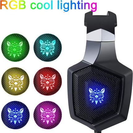A black hexagonal speaker or light box with glowing blue decorative light, shown beside six circular color options in green, cyan, gold, red, blue, and purple, with the text 'RGB cool lighting' at the top on a white background.