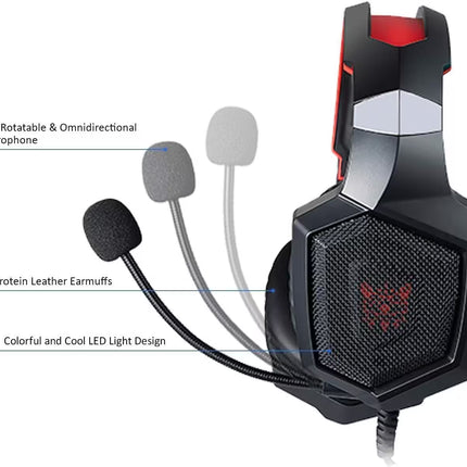 A black and red gaming headset with an adjustable boom microphone, shown on a white background with callout lines and text describing features such as a 360-degree rotatable omnidirectional microphone, protein leather earmuffs, and colorful cool LED light design.