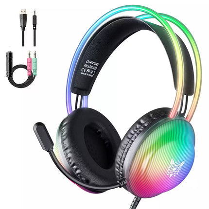 Colorful gaming headset with RGB lighting and cables on a white background
