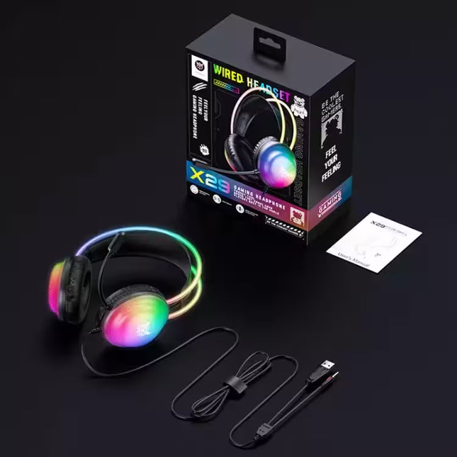 RGB headphones with packaging, USB cable, and user manual on a black background