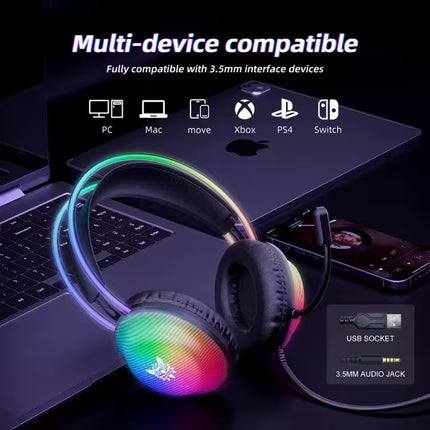 Headphones with RGB lighting on a laptop and smartphone, featuring compatibility icons.