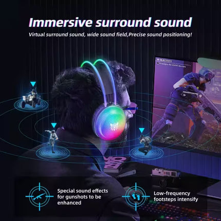 Person wearing colorful gaming headphones with a screen displaying a game, emphasizing immersive surround sound.