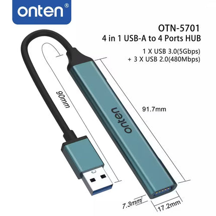 4-in-1 USB-A to 4-ports HUB with onten branding and specifications.