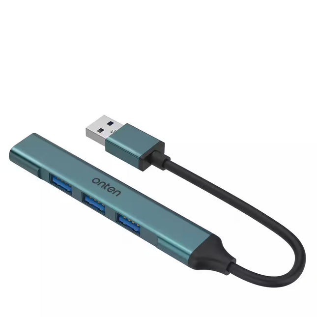 Teal USB hub with four ports and a cable on a white background
