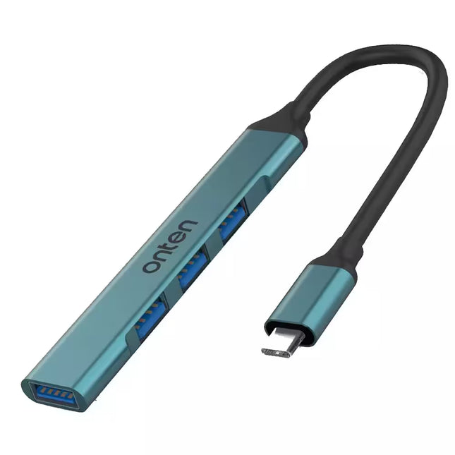 Teal USB hub with multiple ports on a white background