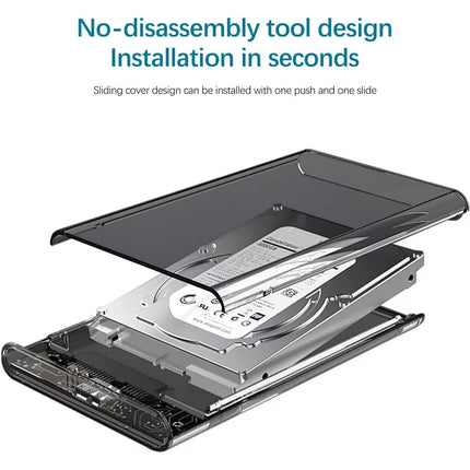 Exploded view of the ONTEN UHD2 2.5-inch external hard drive enclosure, showcasing the tool-free sliding cover for quick HDD or SSD installation.