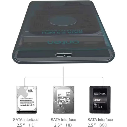 Front view of the ONTEN UHD2 external hard drive enclosure featuring a Micro USB 3.0 port and support for 2.5-inch SATA HDDs and SSDs.