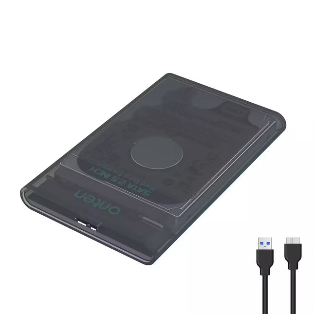 Transparent black ONTEN UHD2 external enclosure for 2.5-inch SATA HDD/SSD with USB 3.0 support, shown with the included USB cable.