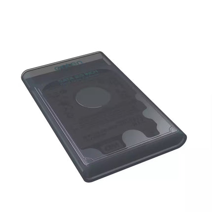 Angled view of the ONTEN UHD2 transparent external enclosure designed for 2.5-inch SATA hard drives and solid-state drives.