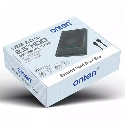 Retail packaging of the ONTEN UHD2 USB 3.0 external hard drive enclosure for 2.5-inch SATA HDDs and SSDs.